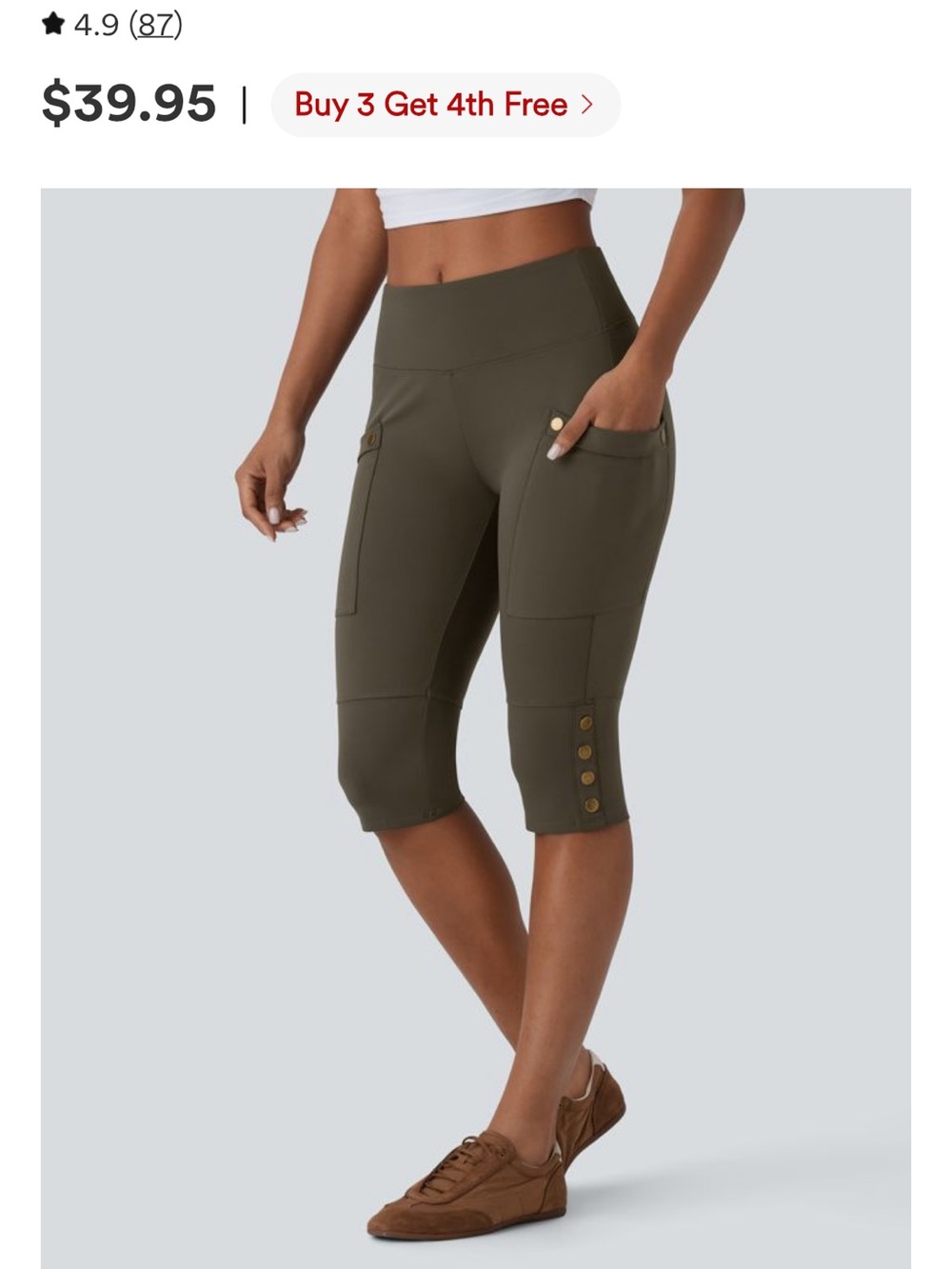 HALARA Olive Green Capri Cargo Leggings with Side Pockets and Button Tabs